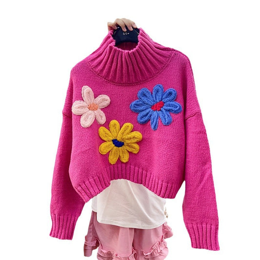 Three-dimensional Flower Temperament High Collar Long-sleeved Sweater