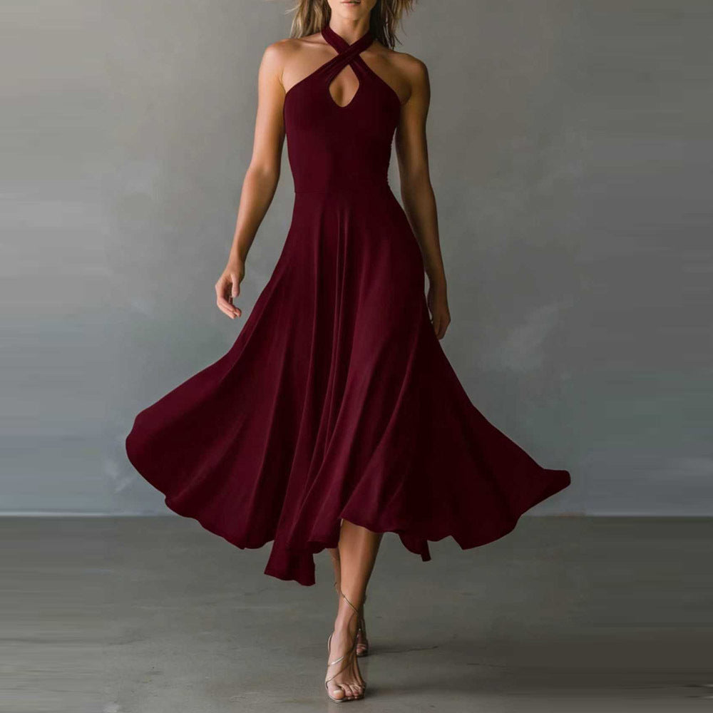 Womens Retro Elegant High-Neck A-Line Long Dress