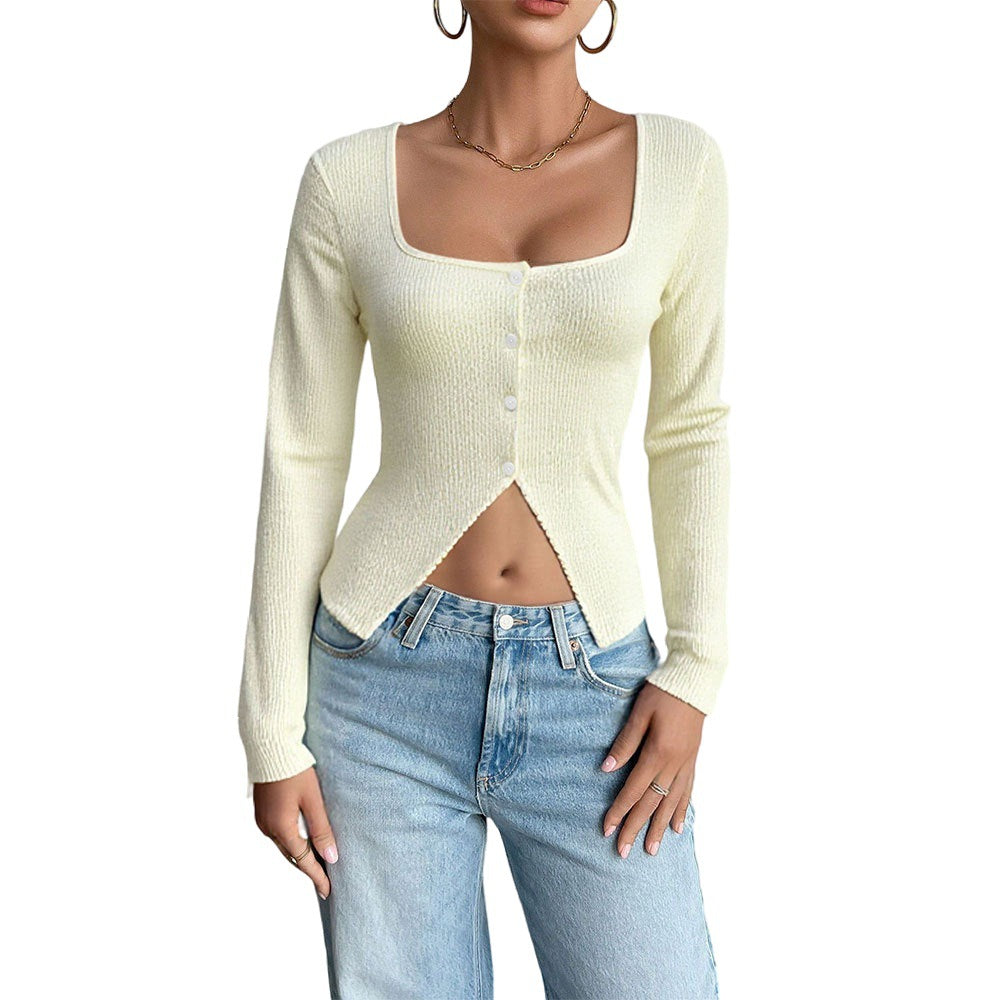 Sexy Mature Style T-shirt, Autumnwinter Cropped Short Design Long-sleeve Top