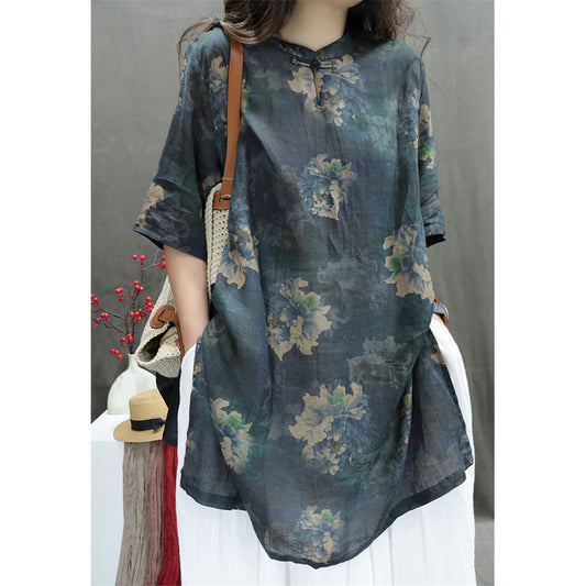 Stand Collar Buckle Loose Western Style Mid-length Shirt Dress