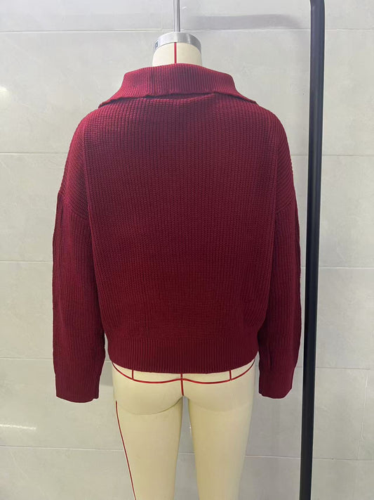 Loose Design Flip V-neck Pullover Women's Knitted Sweater
