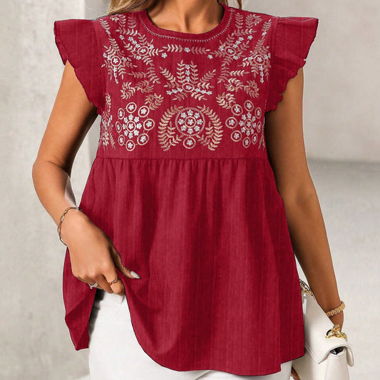 Ethnic Style Embroidered Straight Shoulder Flutter Sleeve Fashion Casual Short Shirt