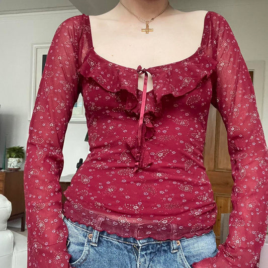 French Jacquard Square-neck Floral Ruffled Long-sleeve Top