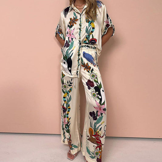 Womens Fashion Printed Color-block Top And Pants Set