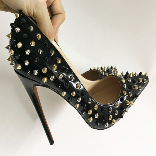 Black Patent Leather Color Matching Rivet High Heels Female Pointed Stiletto