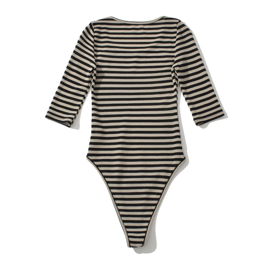Form-fitting Long-sleeve Stretch Striped T-shirt Jumpsuit With A Deep U-neck