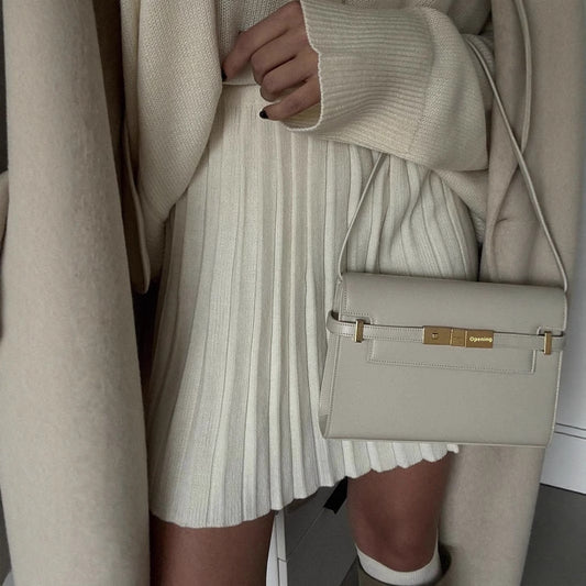 Solid Color Round Neck Sweater Pleated Skirt Suit Fashion Skirt