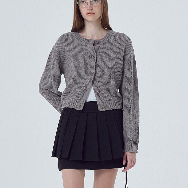 Women's Long Sleeve Round Neck Button Solid Color Sweater