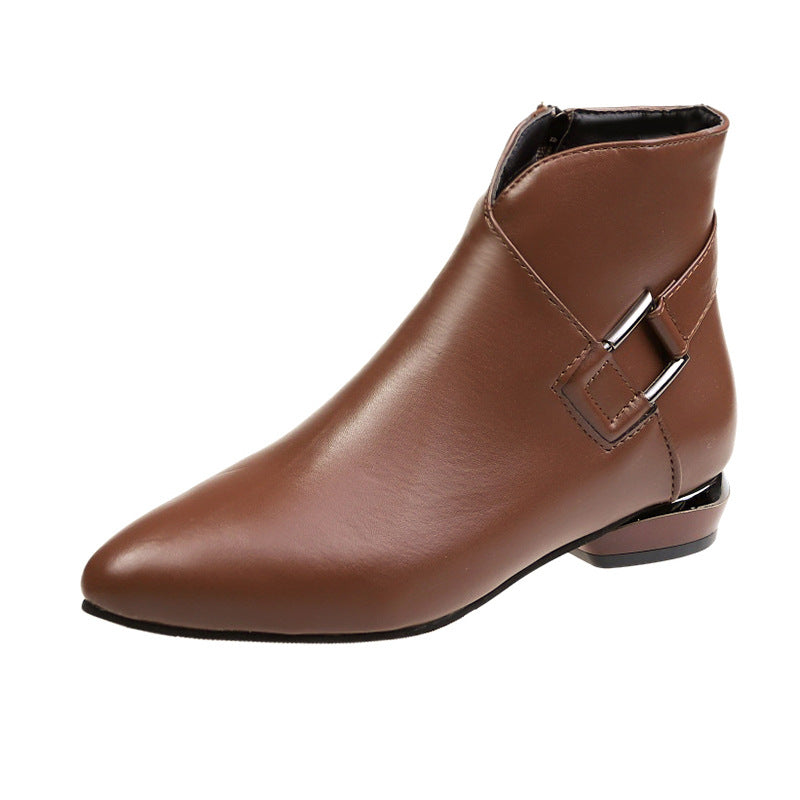 Fashion Pointed Toe Women's Low-heeled Belt Buckle And Cashmere Martin Boots