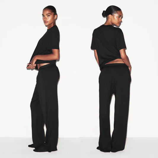 Womens Casual Loose Short-Sleeve Top And Wide-Leg Pants Set