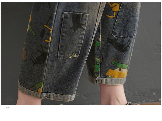 Women's Loose Plus Size Cartoon Print Denim Overalls