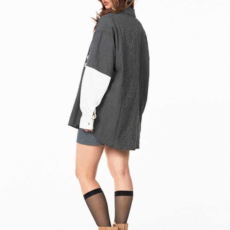 American Retro Plaid Fake Two Pieces Shirt