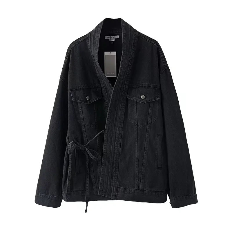 Simple Mid-length Solid Color Lace-up Jacket Top