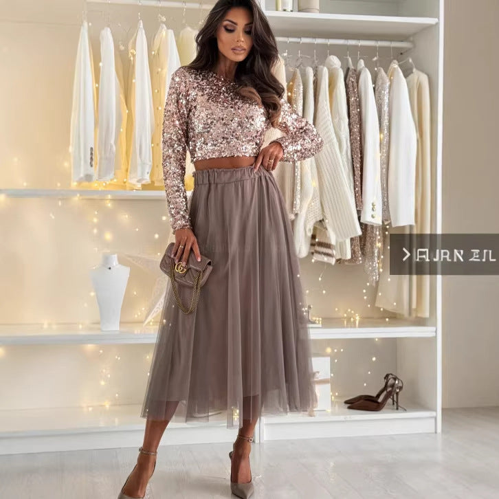 Womens Sequin Long-sleeve Top With A Mesh Pleated Puff Skirt