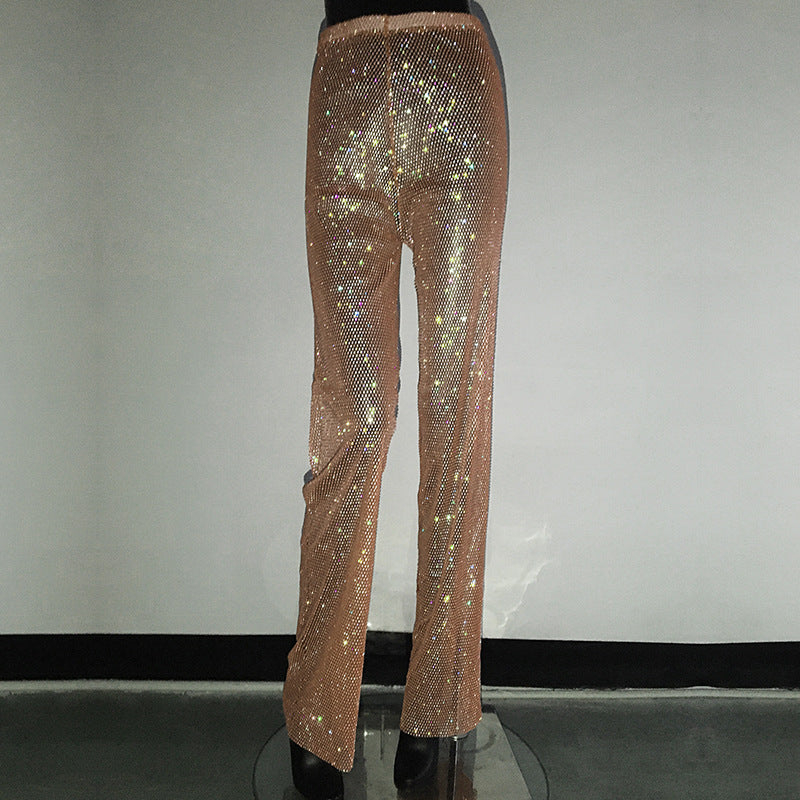 Women's Fashion Straight Rhinestone Fishnet Casual Wide-leg Pants