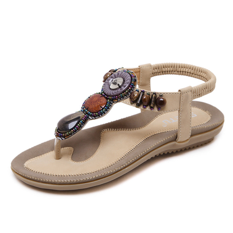 Ethnic Style Sandals Women Thailand Travel Beach Bohemian Retro Beaded Large Size Flat Shoes