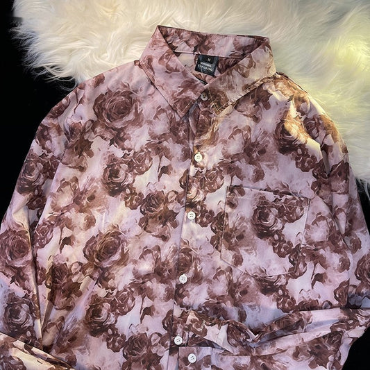 Hong Kong Style Printed Shirt Men's And Women's Loose Long Sleeves
