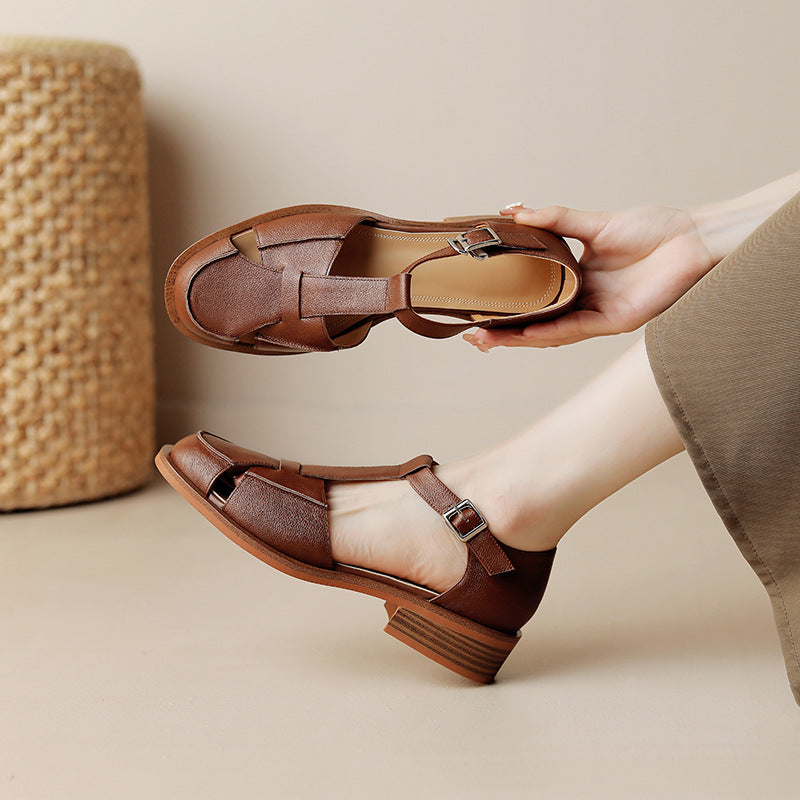 Retro Flat Bottom Women's Sandals Hollowed Toe Box