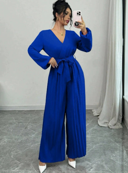 Elegant Casual Cropped Cross-V-Neck Pleated Culotte Jumpsuit