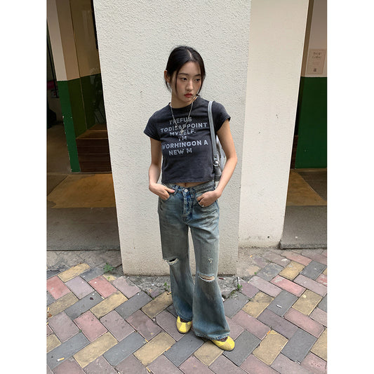 Retro Make Old Ripped Straight Casual Pants Dame High Street Slankende Jeans