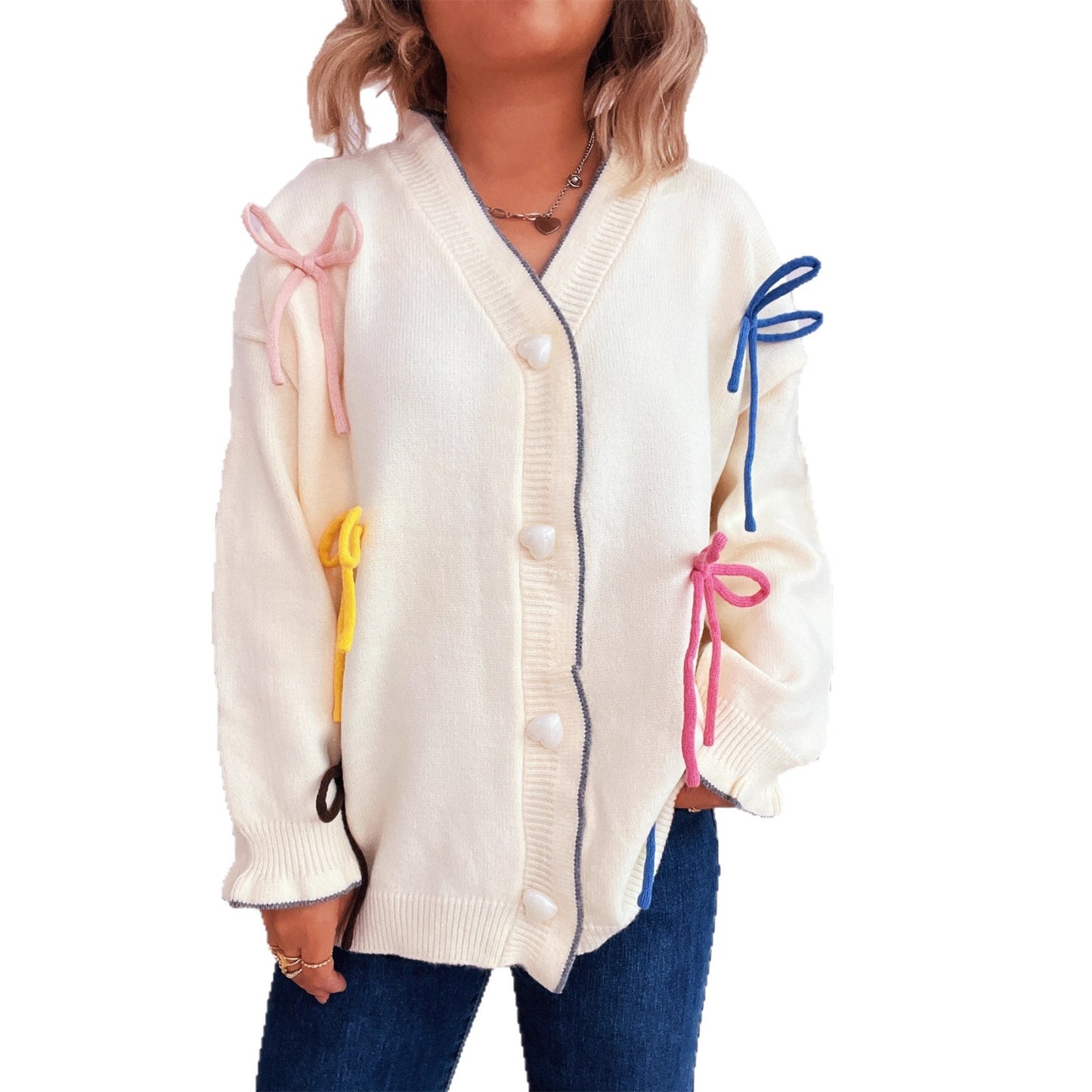 Cute Street Color Bow Decorative Single-breasted Knitted Sweater