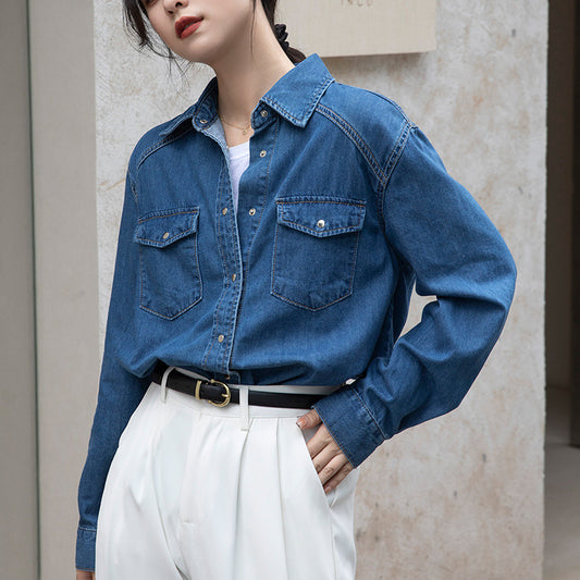 Retro Denimskjorte Niche-lagdeling Blå Langærmet Top