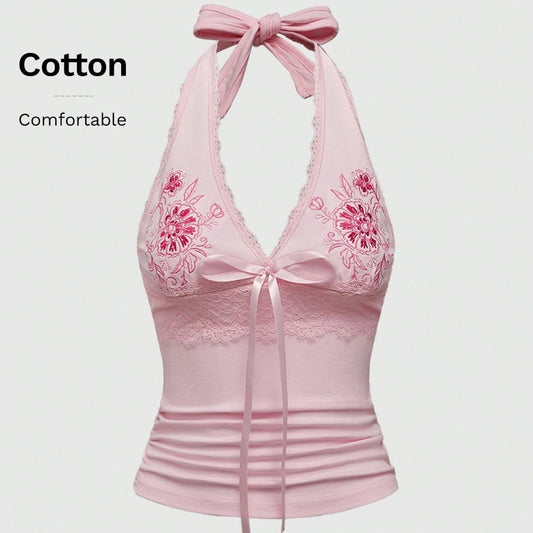 Sexy Floral Embroidered Lace Stitching Tied Vest Halter Slim Fit Slimming Spaghetti Straps