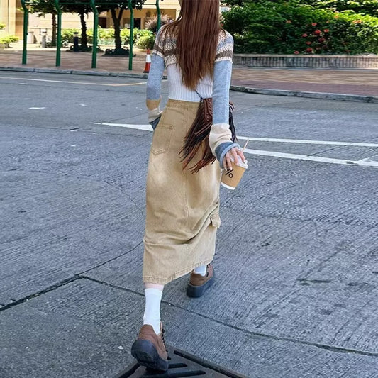 Womens Denim Skirt With Slit And Panel Design