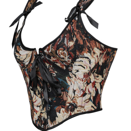New French-style Oil Painting Inspired Front-tie Fishbone Waist Cincher