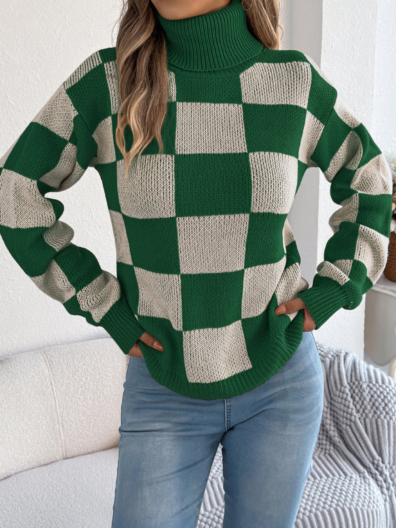 Dame Højhalset Farveblokket Ternede Sweater med Lanterneærmer