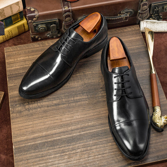 Three-Joint Leather Shoes Round Toe Strap Head Layer Cowhide