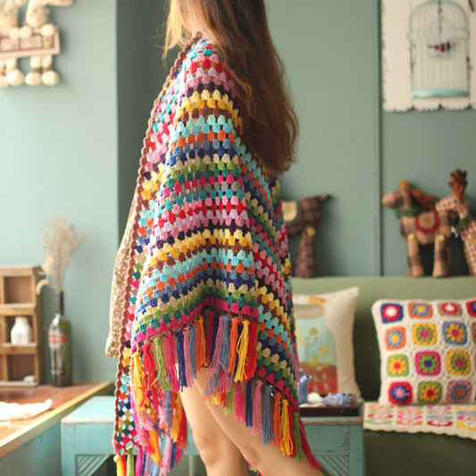 Hand Crocheting Vintage Multicolored Tassel Shawl Scarf Cape