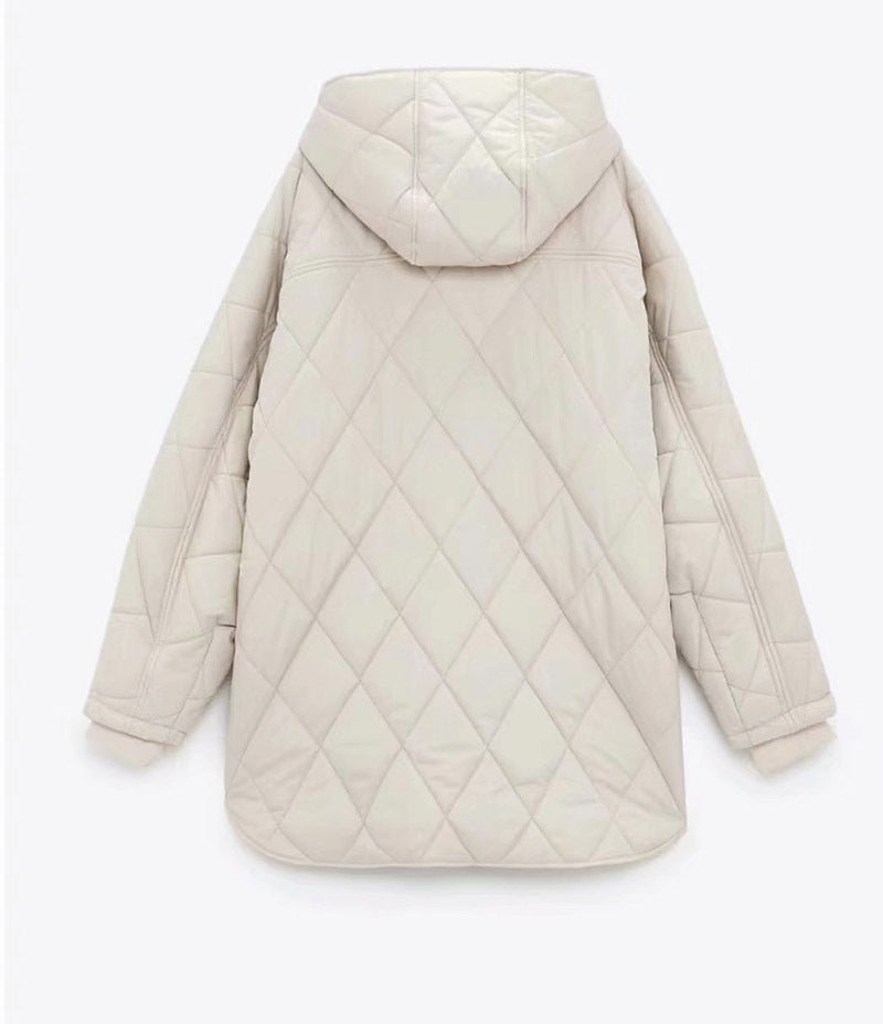 Mid-length Hooded Long-sleeved Single-breasted Loose Quilted Cotton Warm Cotton Jacket