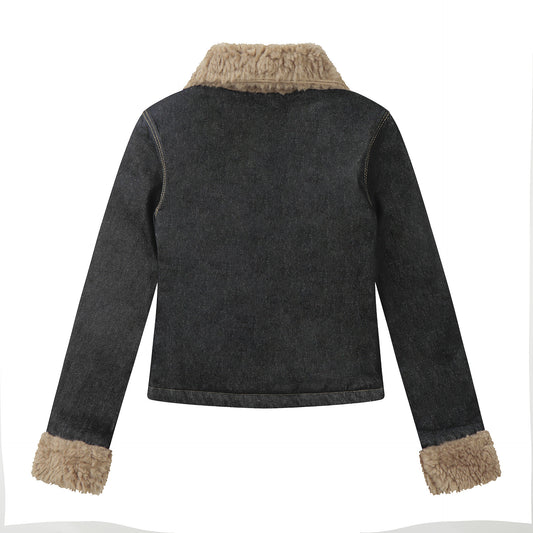 Womens Winter Fleece-Lined Denim Jacket With Washed Lambswool Collar