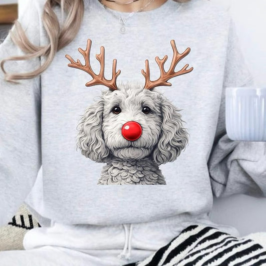 Dame Julesweatshirt med Rund Hals og Kreativt Rensdyr-Hundemotiv