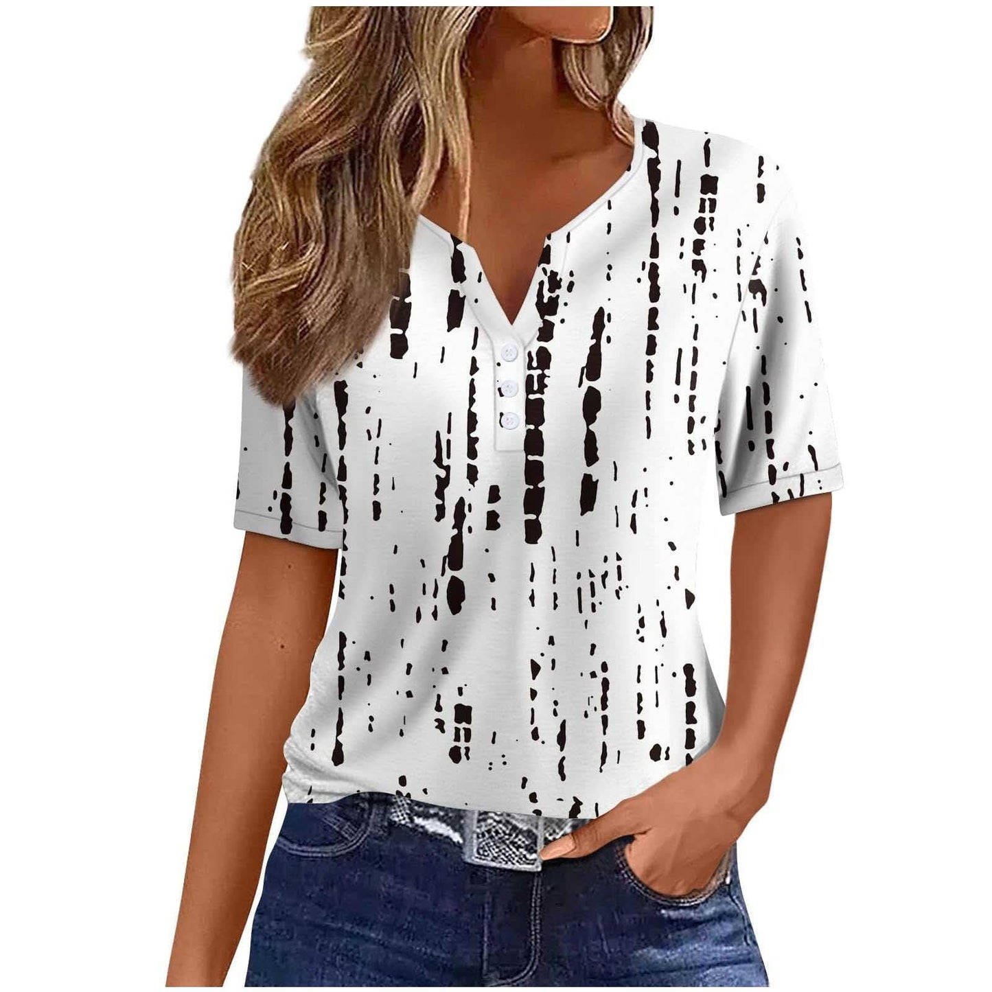 V-neck Three-button Printed Short-sleeved European And American Top