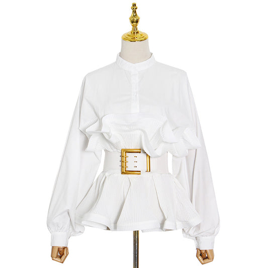 Stand Collar Long Sleeve Pleated Ruffled Sneaky Design Lace-up Top