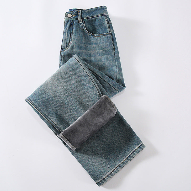Fleeceforede jeans til kvinder med høj talje, løst design