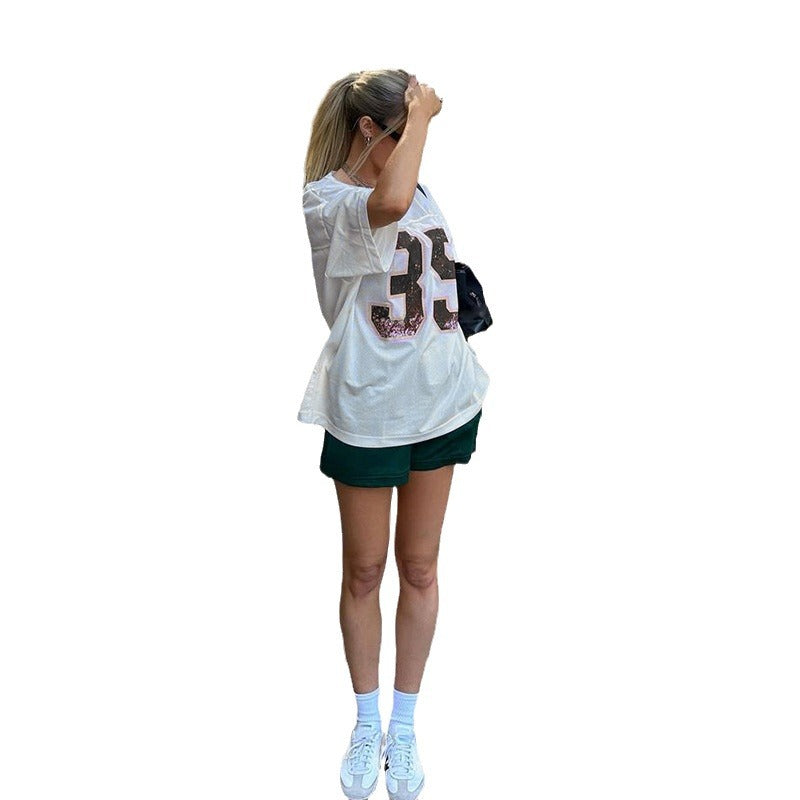American Street Sports Style Digital Printing Loose V-neck T-shirt