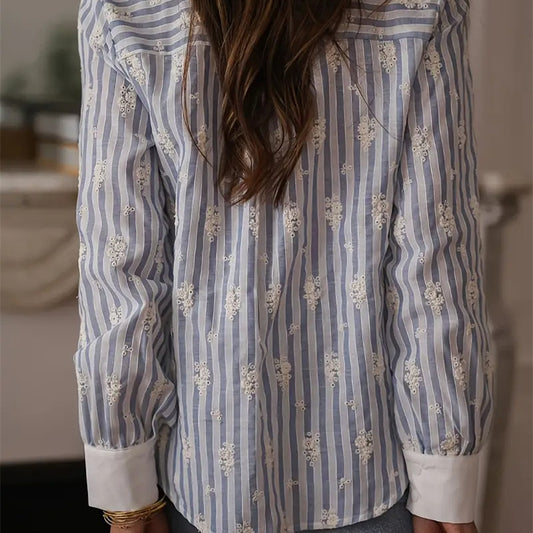 Women's French-style Elegant Blue And White Striped Long-sleeved Shirt