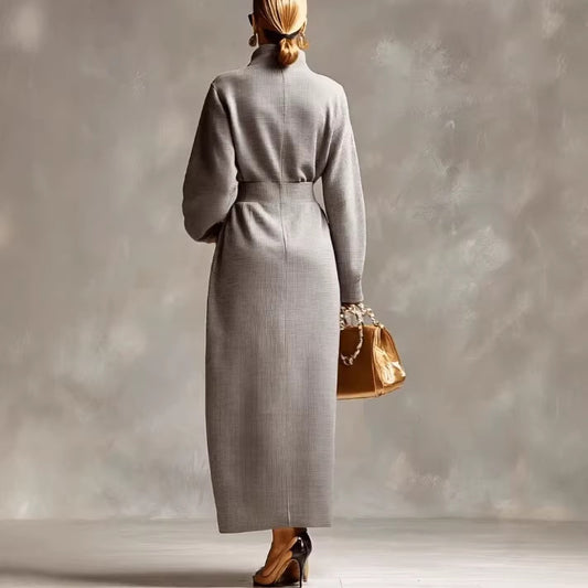 Elegant Casual V-neck Long-sleeve Light Gray Waffle-knit Dress With A Front Zipper