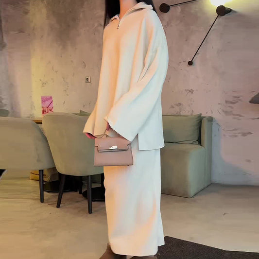 Fashion Solid Color Loose Zip Casual Skirt Suit Women