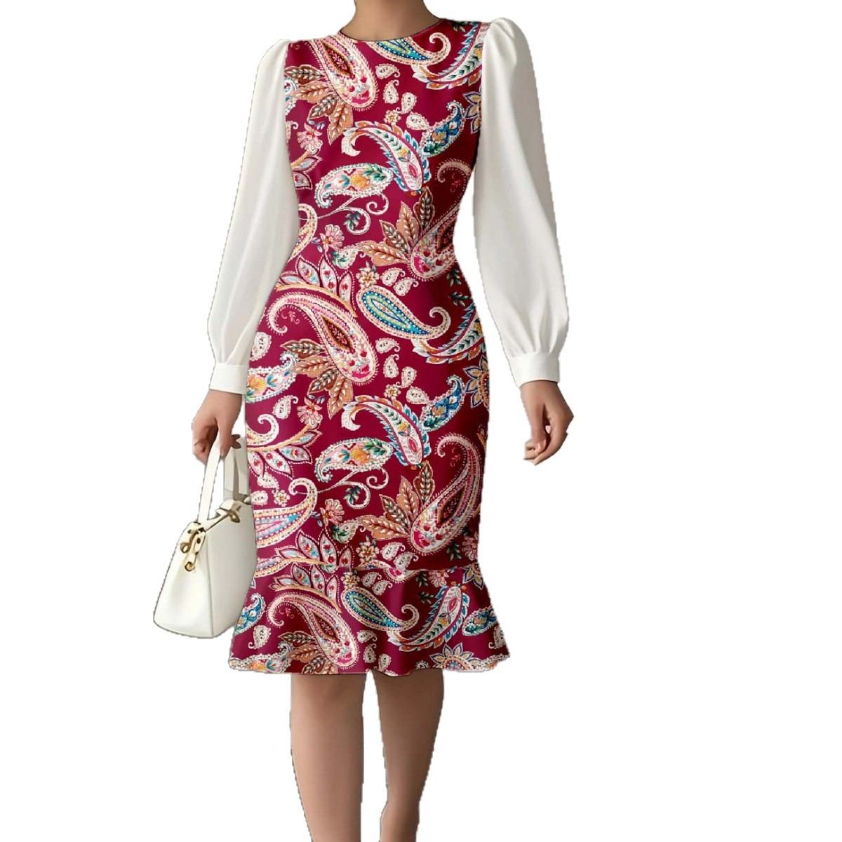 Color-block Lantern-sleeve Waist-cinched Elegant Mermaid Dress