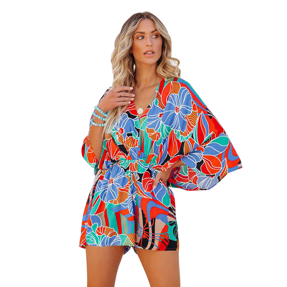 Women's Printed V-Neck Short Sleeve Loose Casual Jumpsuit