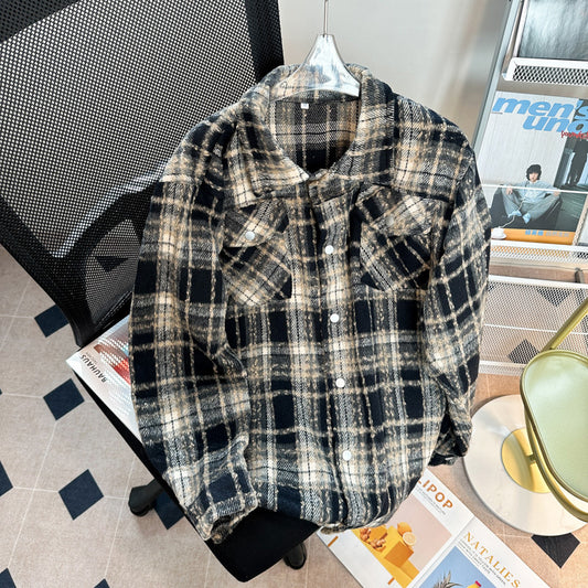 Plaid Tooling Woolen Button Shirt Jacket Men