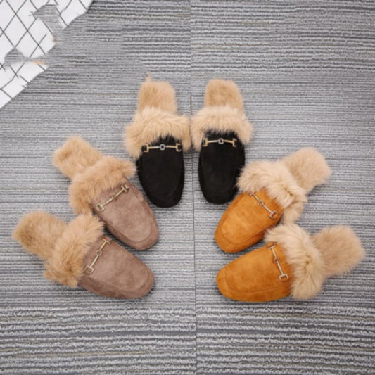 Rabbit Fur Suede Semi Leather Ball Flat Bottom Velvet Slippers