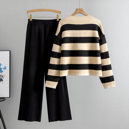 Stylish Eye-catching Short Striped Sweater Two-piece Set