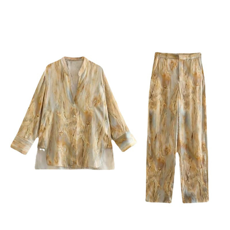 Fashion Simple Asymmetric Tie-dye Printed Shirt Straight-leg Pants Suit