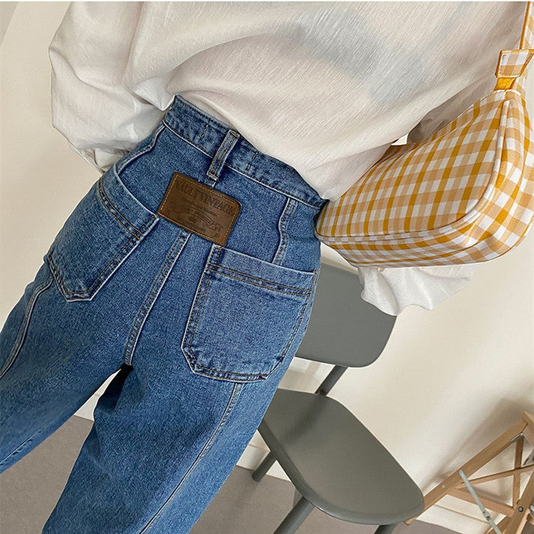 Letter Small Label Stitching Line Retro Straight High-rise Jeans