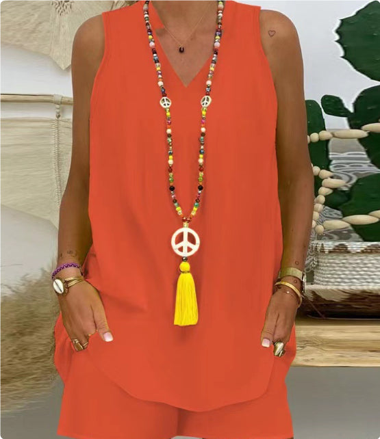Fashion Casual Sleeveless Printed Top Shorts Suit